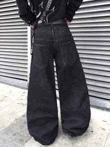 Infinite Jeans 1pc American Street Fashion Men's Patchwork Double Waistband Multi-Button Distressed Ripped Denim Jeans Loose Comfortable Wide Leg Pants All Season Versatile Denim Long Pants (Product Does Not Include Belt And Accessories) - Black - View 5