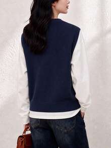 Women's New Vintage Argyle Knit V-Neck Sweater Vest With Buttons, Regular Length, Suitable For Layering In Autumn/Winter - Navy Blue - View 2