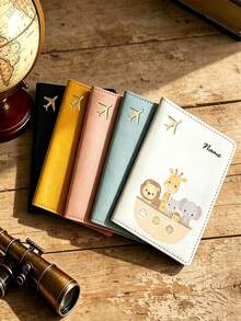 Customized Name Personalized Cute Lion, Giraffe And Elephant Combination Print PU Passport Holder, Multiple Colors Available, Can Store Family Travel Documents, Bank Cards And Other Cards, Soft And Cute, Portable For Daily Use - Multicolor - View 5