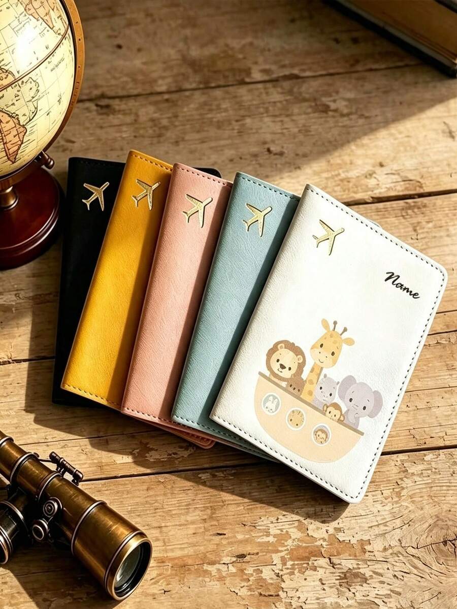 Customized Name Personalized Cute Lion, Giraffe And Elephant Combination Print PU Passport Holder, Multiple Colors Available, Can Store Family Travel Documents, Bank Cards And Other Cards, Soft And Cute, Portable For Daily Use - Multicolor - View 1