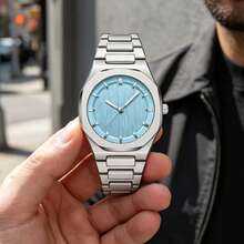 Men's Fashionable Ice Blue Watch, Silver Octagonal Case, Vertical Textured Dial, Elegant Casual Quartz Watch - one-size - View 6