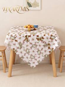 HXARTMIS 1pc Pink Floral Embroidered Hollow Tablecloth, Square Decorative Table Cover, Vintage Style Dining Table Home Decor, Suitable For Daily Home Decoration - Pink - View 1