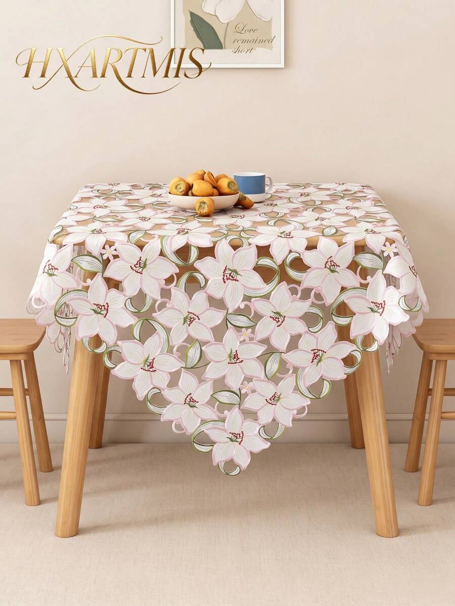 HXARTMIS 1pc Pink Floral Embroidered Hollow Tablecloth, Square Decorative Table Cover, Vintage Style Dining Table Home Decor, Suitable For Daily Home Decoration - Pink - View 1