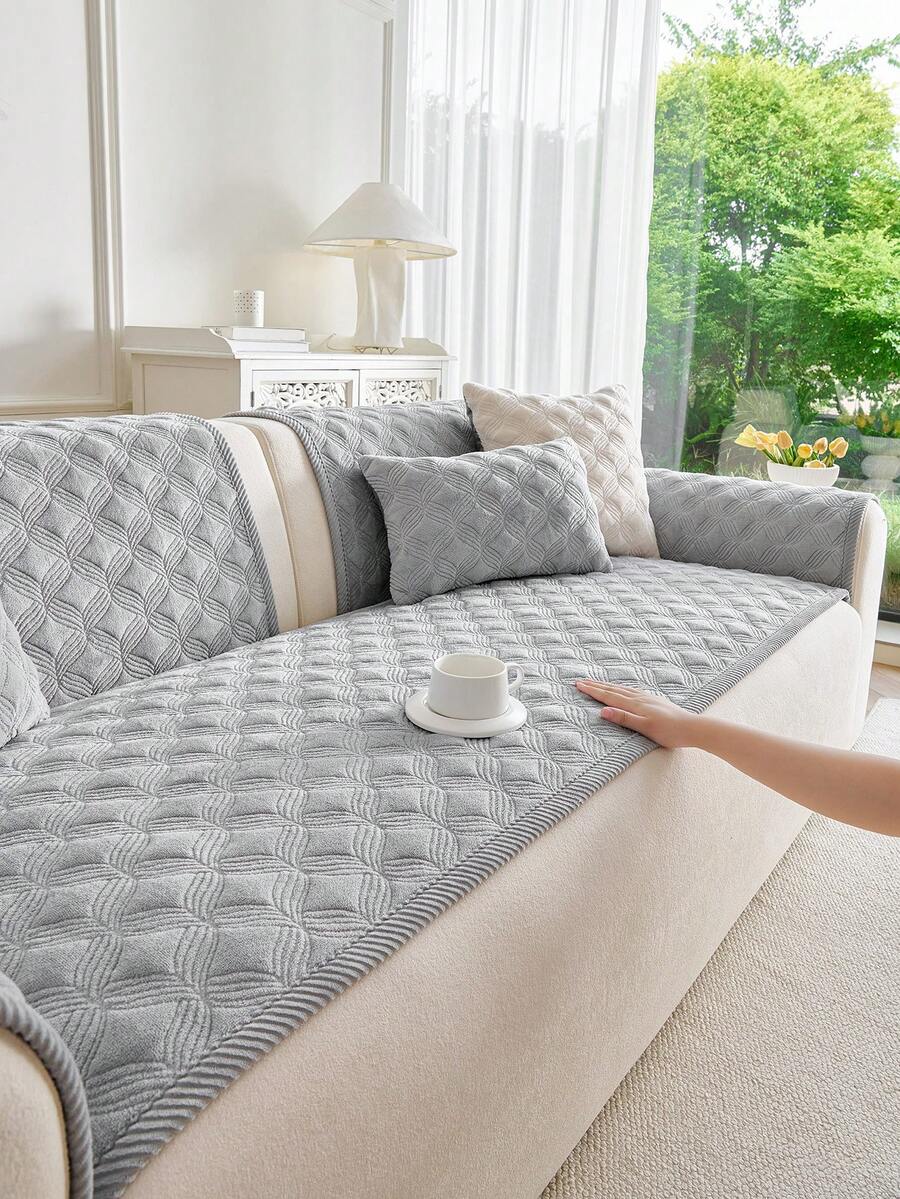 SANMOSPIN 1PC Solid Color Plush Sofa Cover - Modern Non-Slip Warm Sofa Protector, Same Color Edged Sofa Cushion, Suitable For 1-4 Seater Sofas - Machine Washable Polyester Home Decor - Light Grey - View 1