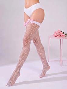 1 par de medias altas elásticas de color rosa para mujer, adecuadas para uso diario, citas y fiestas. Medias altas de red con lazo - Blanco - Ver 2