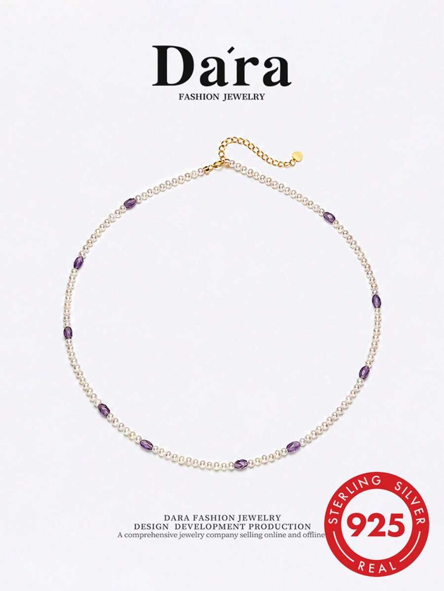 DARA S925 Sterling Silver Freshwater Pearl Necklace, 3-4mm White Near-Round High-Luster Pearls, Luxury Gift Box For Women