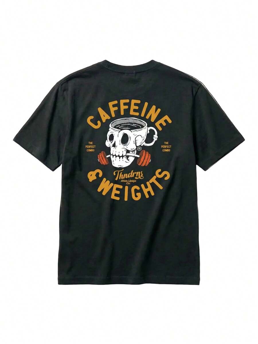 Maglietta Unisex Stampa Illustrazione Fitness Caffè Pesi Retrò Cotone 100% 180g Girocollo Traspirante, Top Sportivo Casual - Black - View 1