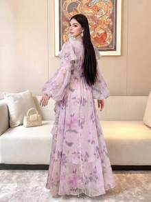 Women's Elegant Modern Romantic Floral Long Sleeve Ruffle Patchwork Design Slimming Flared Dress Vacation - Mauve Purple - View 3