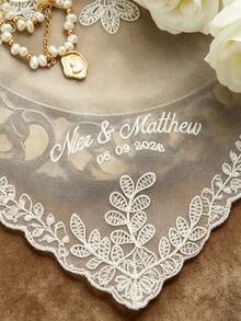 Custom Embroidered Wedding Handkerchief, Personalized Names Date Lace Bridal Handkerchief, Vintage Pearl Tassel Wedding Keepsake Hanky For Bride - Multicolor - View 4