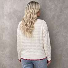 Plus Size Women's Cute Cable Knit Heart Sweater, Drop Shoulder Long Sleeve Crew Neck Knit Top, Soft Slim Fit Pullover - White - View 6