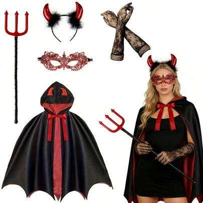 Set Kostum Vampir Setan 5 Potong, Jubah Penyihir Merah dengan Tanduk Setan, Garpu Rumput, Topeng, Sarung Tangan, Cocok untuk Kostum Halloween Wanita Dewasa, Pesta Tema Bermain Peran, Pakaian Pesta Dansa, Set Kostum Vampir, Cocok untuk Pesta Halloween, Natal, Hari Valentine, Pesta Sehari-hari
