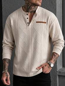 Men's Long Sleeve Polo Shirt Casual Versatile Textured Jacquard Long Sleeve T-Shirt - Apricot - View 3
