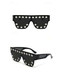 1pc Full-Rim Metal Eyelet Rivet Large Square Frame Niche Glasses, Pure Black Lenses, Niche Subculture Personalized Exaggerated Fashion Accessory, Suitable For Daily Wear, Street Photography, Vacation Travel, Summer Beach And Other Occasions, Full Of Academic Style, Showcasing Fashion Taste - black gray - View 4