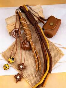 Vintage Brown PU Mini Earbud Case Bag Charm Keychain, Braided Tassel Strap With Heart, Flower & Leopard Bead Pendant, Bags Accessory Gift For Women - Multicolor - View 6
