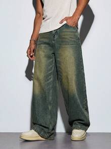Modcrash 1pc Celana Jeans Kaki Lebar Longgar Justice Brother Kasual Serbaguna untuk Pasangan dengan Efek Distressed Vintage Washed Musim Gugur/Musim Dingin - Teal Blue - View 1