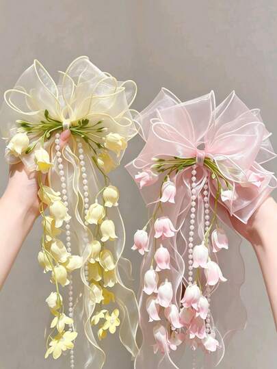 1pc/2pcs Women's Mori Style Bow Hair Clip, Gradient Lily Of The Valley Half-Up Hair Clip, Top Hair Accessory