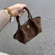 Dedoo 歐式小眾設計麂皮水桶包，附扣環，女款街頭手提包，適合秋冬購物、通勤、聚會，送禮佳品 - 棕色 - 查看 3