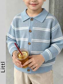 Boys Striped Hollow Knit Cardigan, Lapel Collar Button Front Long Sleeve Lightweight Knitted Jacket, Fall Casual Daily Outerwear - Baby Blue - View 3
