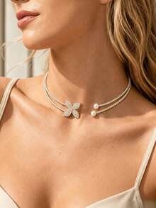 outingfit 1pc New Floral Choker Necklace, Luxury Niche High-End Rhinestone Collarbone Chain, Minimalist Fashion Versatile Daily Accessory - Silver - View 1