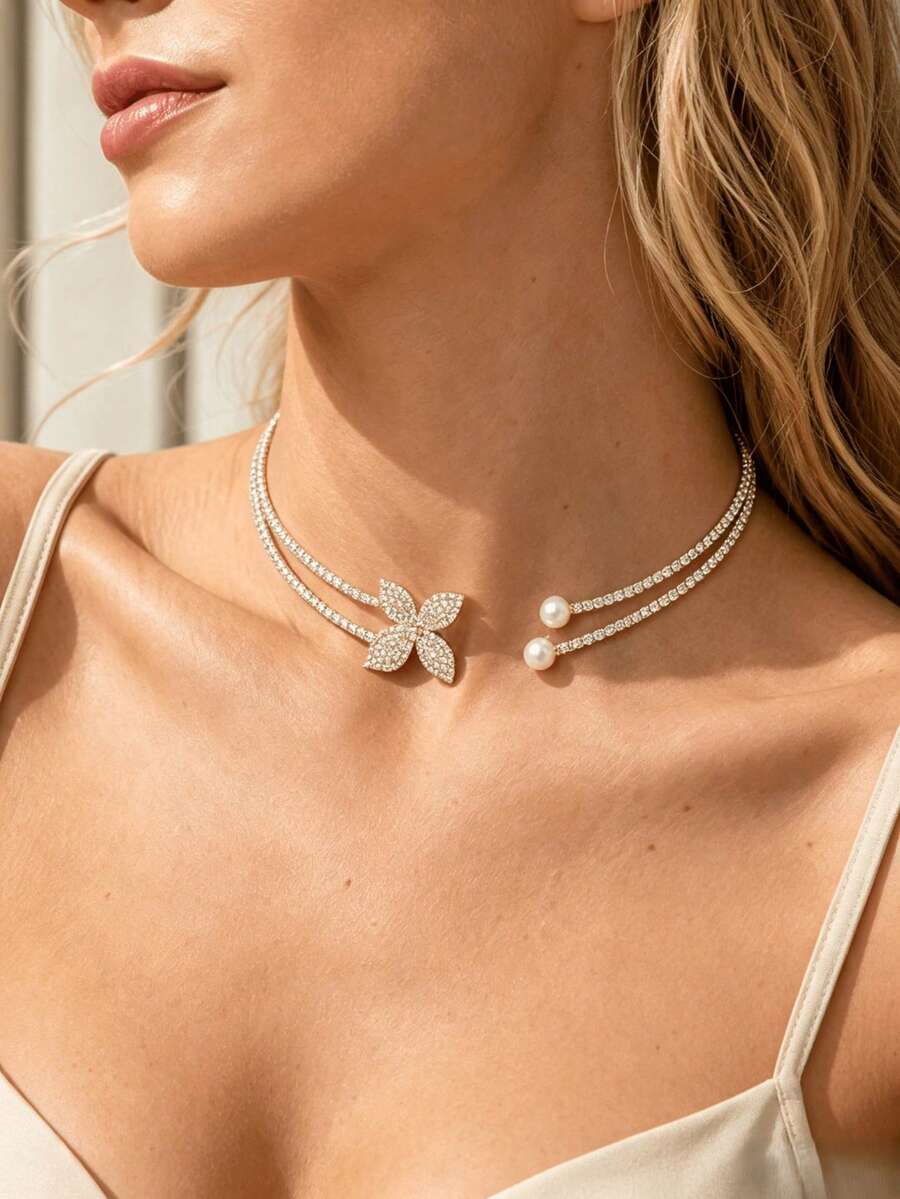 outingfit 1pc New Floral Choker Necklace, Luxury Niche High-End Rhinestone Collarbone Chain, Minimalist Fashion Versatile Daily Accessory - Silver - View 1