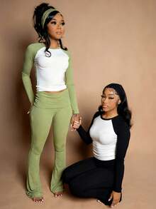 Fashionable Women's Round Neck Long Sleeve Cropped Top With Flare Pants 2 Pieces Set, Suitable For Daily Casual Wear Or Autumn Outfit - Black - View 7