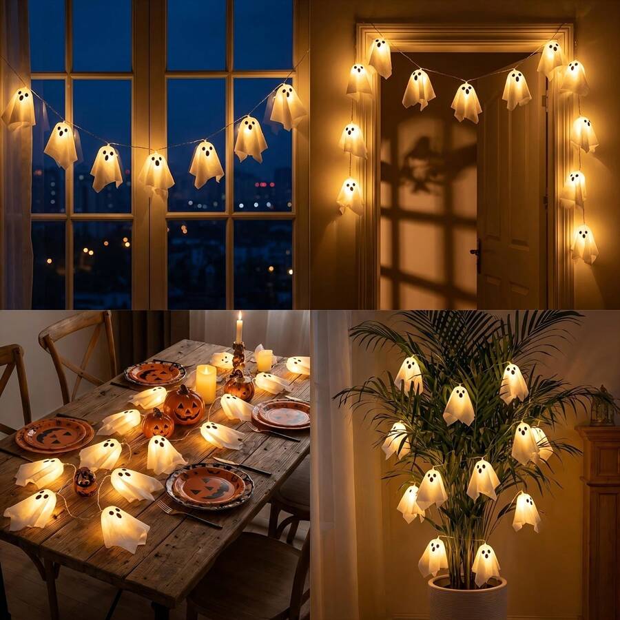 10 Pack Hanging Light Up Ghost Halloween Decorations, LED Glowing Ghost String Lights For Front Door, Porch, Yard, Tree, Garden, Carnival & Halloween Party Supplies