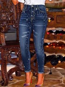 Heavy Embellished Rhinestone Fashion Versatile Washed Skinny Jeans Cropped Pants Casual Fall - Dark Wash - View 4