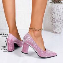 Women's Shiny Textured Pointed Toe Low Vamp Chunky Heel Slimming High Heel Pumps For Dating, Party, Versatile Formal Occasions - Purple - View 7