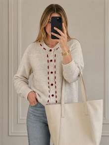 Cute & Soft Round Neck Knit Cardigan For Women, Design-Focused Outerwear Loose Sweater, Spring 2025/2024 New Arrival - Apricot - View 3