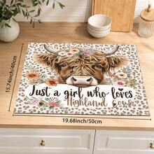 1pc Highland Cow Floral Leopard Print Table Mat, Rustic Country Style Rectangular Kitchen Countertop Protector, Brown Cow Head & Text Print Design, Easy To Clean Decorative Mat, Suitable For Kitchen, Dining Table, Coffee Station And Daily Home Decor - Multicolor - View 10