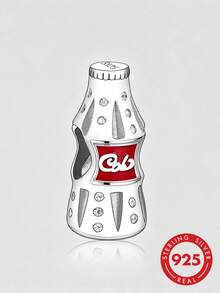 1pc 925 Sterling Silver Soda Bottle Pendant Bead, Red Enamel Label Transparent Cubic Zirconia Inlaid Beverage Bottle Spacer Bead, Suitable For European Style Bracelet, Drinks - Silver - View 1
