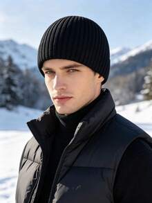 1pc Wide Ribbed Solid Color Plain Straight Edge Unisex Knit Beanie Hat, Breathable Comfortable Skull Cap, Suitable For All Seasons - Multicolor - View 1