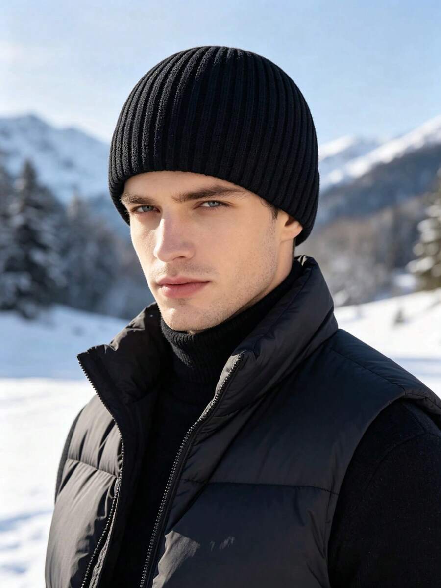1pc Wide Ribbed Solid Color Plain Straight Edge Unisex Knit Beanie Hat, Breathable Comfortable Skull Cap, Suitable For All Seasons - Multicolor - View 1