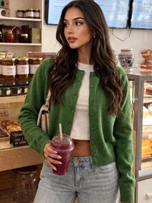 Women's Cardigan Round Neck Single-Breasted Button-Up Long Sleeve Basic Style College Casual Dopamine Bright Color Single Wear Layering Thick Fuzzy Knit Sweater Autumn/Winter - Green - View 6