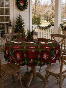 1pc Christmas Plaid Tablecloth, Classic Polyester Rectangular Tablecloth, Printed With Greenery Wreath, Red Berries, Decorative Balls And Snowflake Patterns, Suitable For Kitchen Decor, Wedding, Home Decor, Room Decor, Christmas Home Decor And Classroom Decor - Multicolor - View 3
