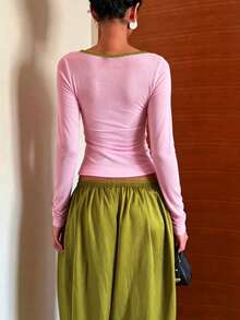 Women's Autumn Fashion Square Neck Long Sleeve Top And Comfortable Loose Green Wide Leg Pants Set - Green - View 2