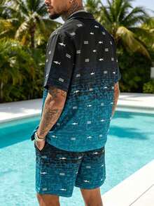 Men's Gradient Shark Print Cuban Collar Shirt And Drawstring Waist Shorts 2 Pieces Set, Suitable For Beach Vacation - Multicolor - View 2
