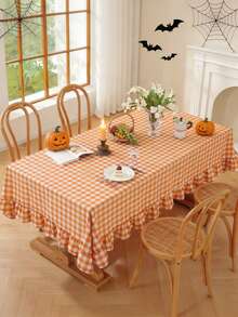 1pc Vintage Halloween Atmosphere Orange & White Plaid Ruffle Edge Tablecloth, Washable And Reusable, Suitable For Daily Home, Family Gathering, Holiday Party, Outdoor Picnic, Cafe Decor - Orange - View 2