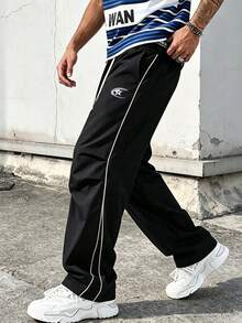 Men's Casual Fashion Long Pants, Sporty Outdoor Patchwork Straight Leg Pants, Couple Matching Style - Black - View 1