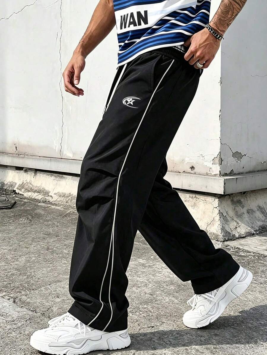 Men's Casual Fashion Long Pants, Sporty Outdoor Patchwork Straight Leg Pants, Couple Matching Style - Black - View 1