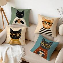 4pcs/1pc Artistic Cat Illustration Pattern Pillow Case, Single-Sided Print Pillow Case, Suitable For Living Room Bedroom Home Decor, All Season Pillow Case - Multicolor - View 10