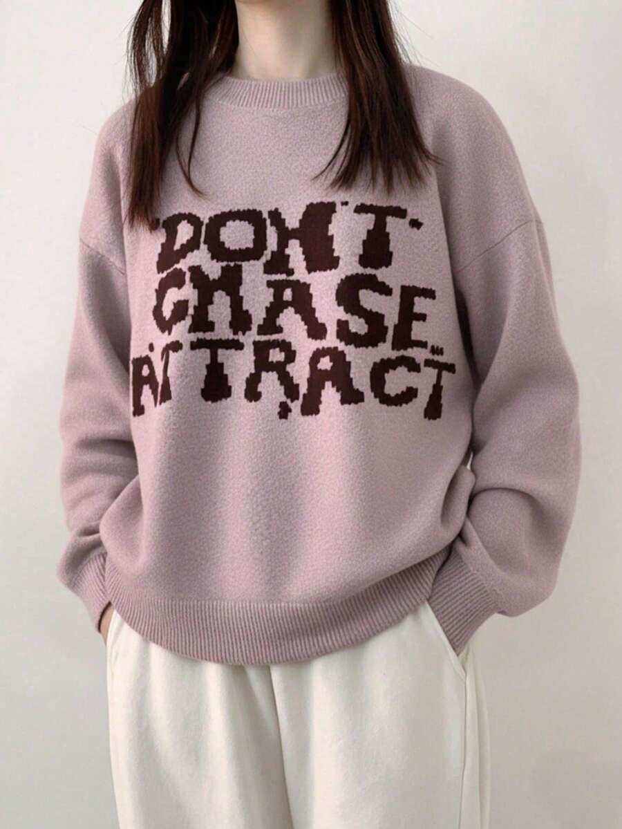 YCYC Autumn/Winter Elegant Comfortable Letter Print Long Sleeve Pullover Sweater - Pink - View 1