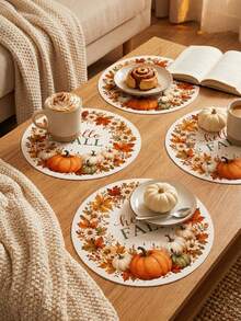 "Hello Fall" Pumpkin & Floral Wreath Round Placemat, Orange Maple Leaf & Daisy Pattern, Rustic Farmhouse Style Printed Table Mat, Suitable For Kitchen Dining Table, Thanksgiving Harvest Gathering And Autumn Home Decor - Multicolor - View 2
