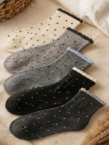 5 Pairs Women's Ribbed Polka Dot Mid-Calf Socks For Everyday Wear College Style, Versatile - Multicolor - View 8