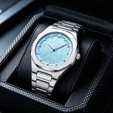 Men's Fashionable Ice Blue Watch, Silver Octagonal Case, Vertical Textured Dial, Elegant Casual Quartz Watch - one-size - View 12