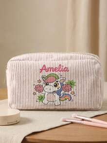 1pc Customizable Embroidered Name/Text Corduroy Makeup Bag, Cartoon Animal Pattern Double-Sided Print Travel Portable Cosmetic Storage Bag Multifunctional Zipper Makeup Bag Wallet, Perfect For Children's Skincare Storage, Can Be Customized According To Your Name - Multicolor - View 11