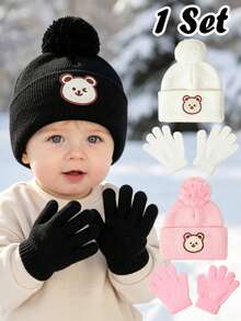 1set Bear Baby Pom-Pom Beanie White Hat Gloves Set, Cozy Knit Winter Warm Heart Cute Hat For Kids, Outdoor Accessory,Winter Baby Hat - Multicolor - View 1