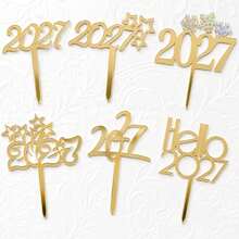 1pc/3pcs/9pcs Gold Hello 2027 Acrylic Cake Toppers, New Year Christmas Party Cake Decorations - Multicolor - View 2