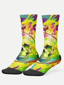 Cool 360° Printed Men's Socks - Streetwear Socks,Colorful Flower Skull,Undead Art Style,Colorful,Funny Socks, Fit Daily, Holiday & Party Occasions - Green - View 3