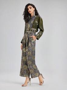 Rich Radi Q's 花卉印花 PU 皮革口袋夾克，適合生日派對、旅行、度假、春季、秋季、冬季 - 綠色 - 查看 6